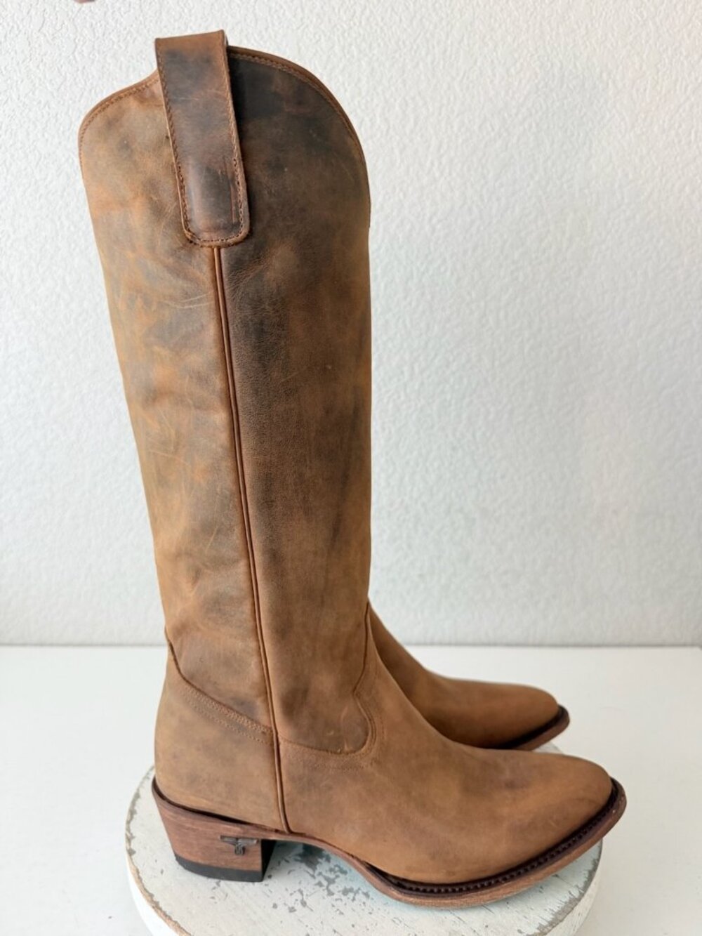 Lane PLAIN JANE Burnt Caramel Brown Cowboy Boots Size 9 Western Leather Mid Calf - Picture 2 of 11